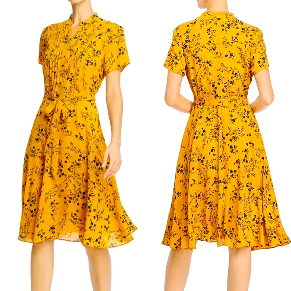 NANETTE Mustard + black floral pin tuck shirtdress